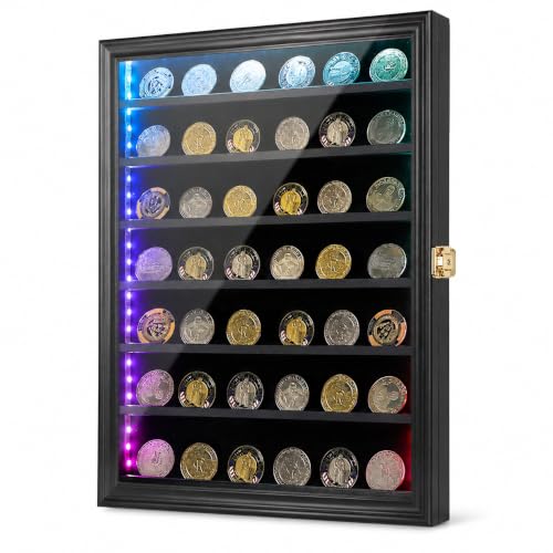 Image of Jinchuan LED Military Challenge Coin Display Case - Lockable Cabinet Rack Holder Shadow Box with Removable 2 Grooves Shelves and Acrylic for Casino Poker Chips Collectibles, Large - Black with LED