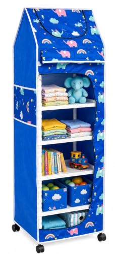 Image of HYSEYY Baby Wardrobe Plastic Kids Storage Rack with Fabric Cover & Wheels | 6-Tier Plastic Shelves Organizer | Toy, Book & Clothes Storage Cabinet for Kids Room (Elephant Pattern)