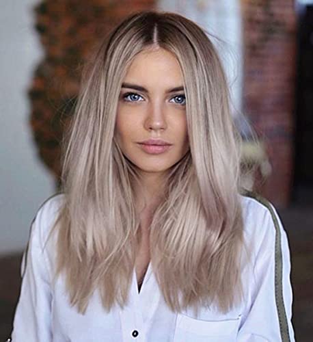 LANOVA Short Bob Wigs for Women, Ombre Brown Ash Blonde Wig, Brown Blonde Wig Synthetic Hair, Straight Short Wig, Mixed Blonde Wig Middle Part 12 inch LANOVA-144