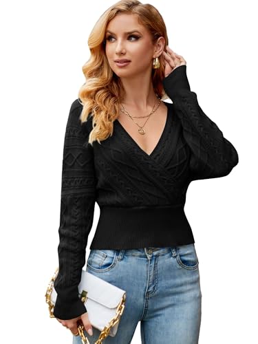 Image of ZAFUL Women's V Neck Cable Knit Sweater Long Sleeve Ribbed Crop Tops Wrap Surplice Solid Casual Pullover Jumper