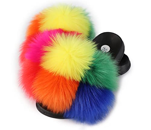 Image of Women's Faux Fur Slides, Open Toe Cute Fur Slippers, Indoor or Outdoor Comfortable Furry Slide Sandals With Fluffy Fur