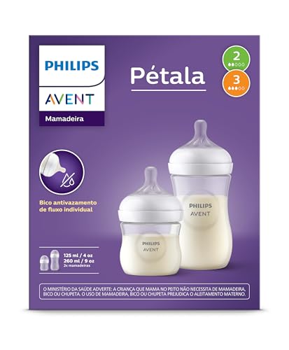 Philips Avent Kit de Mamadeira Pétala 3.0, 125ml bico fluxo lento (Fluxo 2), 260ml bico fluxo médio (Fluxo 2), SCD838/26
