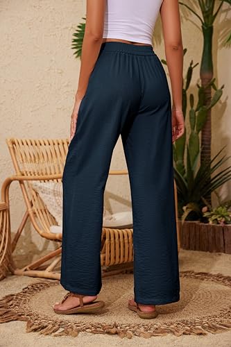 Image of KICZOY Women Flowy Pants Drawstring Waist Wide Leg Palazzo Beach Pants Loose Fit with Pockets