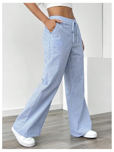 GORGLITTER Women's Striped Wide Leg Pants Drawstring Waist Lounge Pants Straight Leg Slant Pocket Trousers Blue Large3