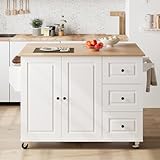 Furnify Mobile Kitchen Island with Drop Leaf, Rolling Kitchen Cart with 3 Drawers, Kitchen Storage Cabinet on Wheels, Island Table with Towel and Spice Rack for Dining Room, Living Room, White