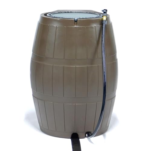 Image of FCMP Outdoor Raincatcher 4000 Rain Barrel, Flat-Back Rainwater Catcher with Spigots, 50 Gallon, Brown - Portable Water Storage Container Tank for Home, Garden, and Backyard