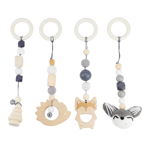 Spielbogen Baby Spielzeug ab 0 Monate 4 Stück Spielebogen Babies Toys Spielbögen Baby Gym Anhänger Holz für Mädchen Jungen Babyspielzeug für Babyschale Kinderwagen Autositz Spielzeug (Grau)