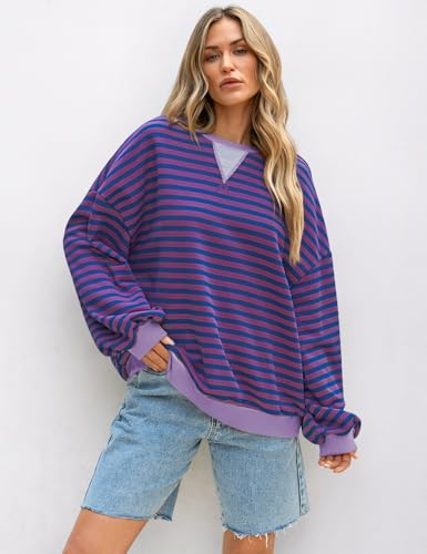 Image of UEU Women Oversized Striped Crewneck Sweatshirt Long Sleeve Color Block Pullover Tops Casual Loose Workout Shirt