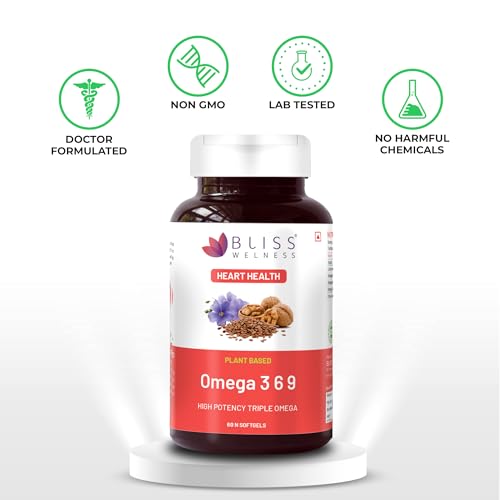 Bliss Welness Organic Omega 3 6 9 2000mg | Omega3 ALA 1000mg Omega 6 LA 274mg Omega 9 OA 400mg Essential Fatty Acid | Heart Cholesterol Brain Eye Immunity Health Supplement - 60 Softgel Capsules