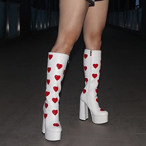 Frankie Hsu Women's Large Size Cute White Pu Leather Red Heart Spade Shape Patent Preppy Style Platform Chunky Block Heels Knee High Heeled Boots3