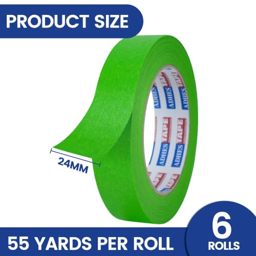 Image of ADHES Green Masking Tape Painter Tape 24mm x 50m | 6Rolls x 0.94Inch x 55Yard,Clean Removal, No Residue, Multi-Surface,Ideal for Painting DIY Arts Crafts Labeling