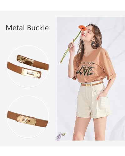 Women's Skinny Leather Belt with Adjustable Golden Turn-Lock Buckle - Ideal for Dresses, Jeans, and Coats, Caramel3
