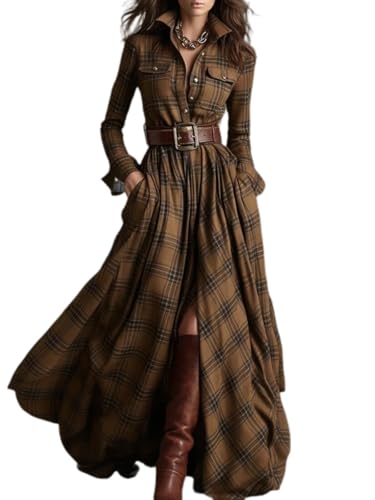 Women's Plaid Shirt Dress, V-Neck Button-Down Maxi with Asymmetrical Hem