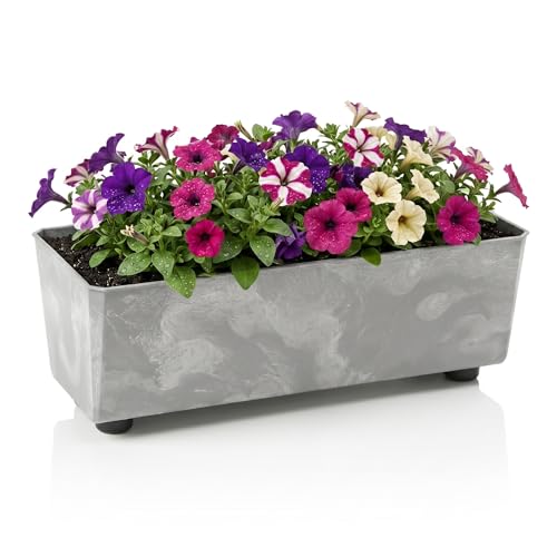 LAMELA Rechteckiger Pflanzkasten mit eleganten Füßen Grauer Blumenkübel in Betonoptik aus robustem Kunststoff 37x17 cm 6L Wetterfest & Pflegeleicht - für Innen & Außen