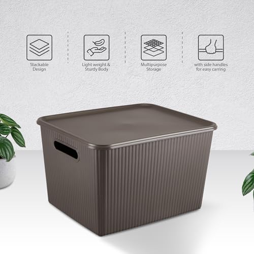 Image of Kolorr Ribbed Baskets Large Pack of 2 With 2 Standard Lid (Non-Airtight Loose-Fit Cover) Multipurpose Plastic Storage Baskets For Cloths Toys Wardrobe Home Kitchen & Livingroom I Dark Brown