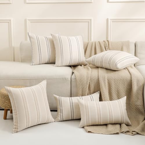 Image of Hckot Hand Made Throw Pillow Covers 22x22 Set of 2 Striped Pillow Covers Linen Decorative Pillows Square Cushion Covers for Sofa Couch Bed Living Room Farmhouse Decor, Khaki