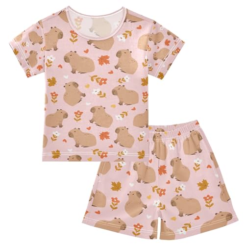 senya Cute Capybara Flower Leaves P Summer Pajamas Set Short Cotton Sleepwear 2 Piece