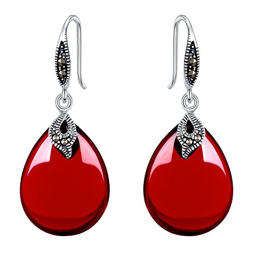 EVER FAITH 925 Sterling Silver Red Corundum Crystal Bridal Retro Leaf Teardrop Hook Dangle Earrings