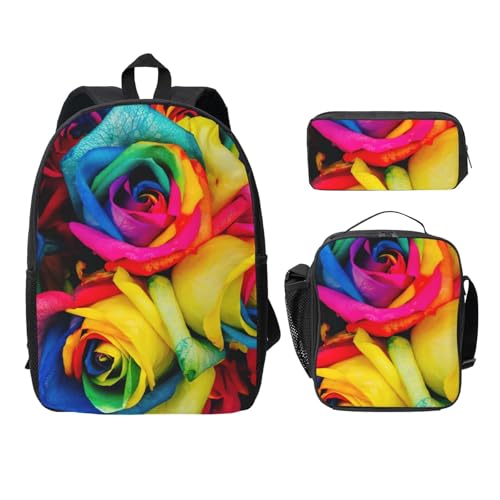 Mochila escolar ligera con rosas arcoíris y lonchera térmica negra