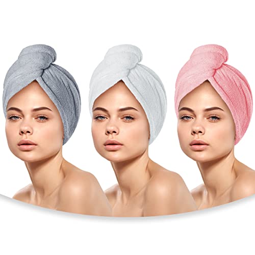 Imagen de Raganet, Set de 3 Toallas para el Cabello de Microfibras, Secado Rápido, Gorros Ultra Absorbentes para Pelo y Comodos, Incluye 3 Piezas 1 de Cada Color (Gris, Blanco y Rosa)