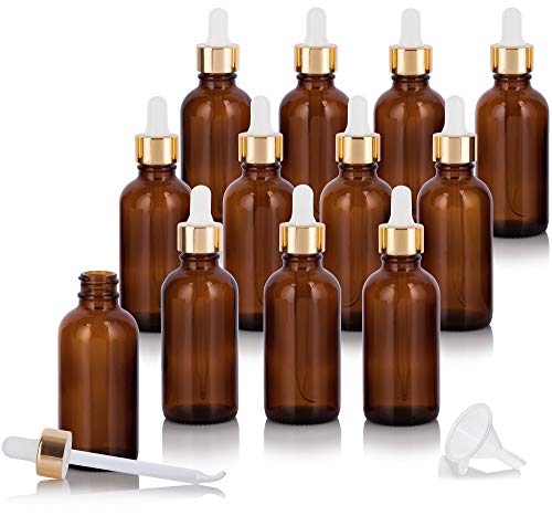 2 oz Amber Glass Boston Round Bottle with Gold Metal and Glass Dropper (12 pack) + Funnel