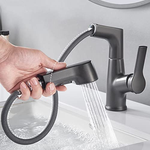 Grifo gris de baño con spray extraíble y luz giratoria para lavabo