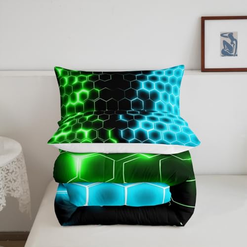 Image of Feelyou Green Blue Honeycomb Bedding Set Fluorescent Geometrics Hexagon Comforter Set Beehive Hexagon Comforter for Boys Girls Geometric Duvet Set Queen Size Quilt 3Pcs Boys