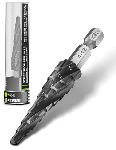 Pinava® Stufenbohrer HSS Cobalt Pro 4XSPIRAL [Schneller, Präziser, Langlebiger] Ø 4-12mm - Profi Kegelbohrer für Edelstahl, Metall, Holz, Kunststoff - Blech-Schälbohrer Extrem Scharfer Edelstahlbohrer