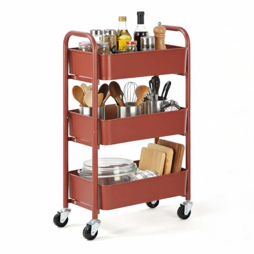 Image of SunnyPoint 3-Tier Delicate Compact Rolling Metal Storage Organizer - Mobile Utility Cart Kitchen /Under Desk Cart with Caster Wheels (RED, 15.35 inch X 10.24 inch X 26.8 inchH)