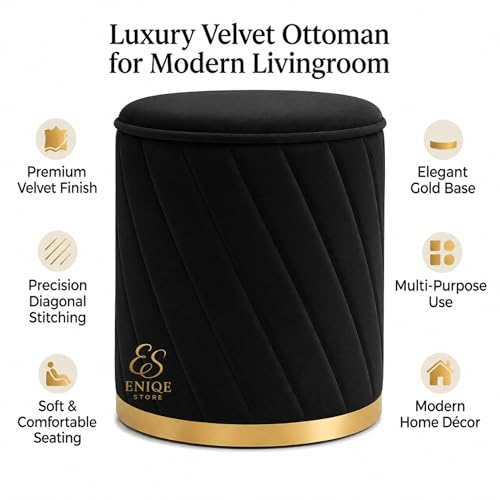 Image of Luxury Round Velvet Ottoman Stool with Gold Base - Modern Upholstered Footrest Pouffe, Tufted Vanity Seat, Living Room Bedroom Dressing Stool (Black)