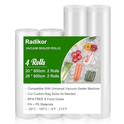 Radikor Bolsas Vacio Alimentos, 4 Rollos 20/28 x 600cm Rollos Envasadora al Vacío, Bolsas Envasar al Vacio Alimentos, Bolsas para Conservación de Alimentos, Sous Vide Cocina, Sin BPA