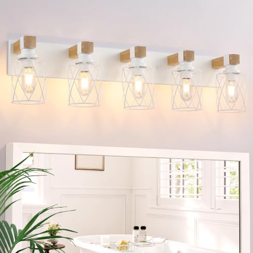 Image of Farmhouse 5-Light Wood Bathroom Vanity Light, White Metal Cage Shade | Mounted Over Mirror, Industrial Rustic Style, Ideal for Bathroom, Bedroom, Hallway & Living Room, Easy To Install