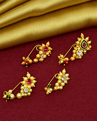 Image of Medium Size Traditional Maharashtrian Banu Nath Nose Stud without piercing Pearl Gold Plated Nath Combo Clip On Nose Ring For Women