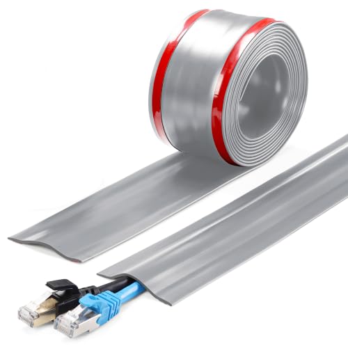 Image of ZhiYo 23ft Cord Cover for Wires on Floors or Walls, 2.2in Wide, Grey | Fits 1-2 Cables, Low-Profile Soft PVC Cord Hider, Self-Adhesive, Easy Cut & Install, Hides Extension Cords & Ethernet Cables