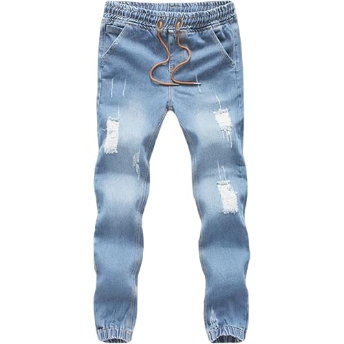 Fashion Drawstring Hip Hop Jeans for Men Casual Lightweight Joggers Denim Pants Washed Street Jean Trousers