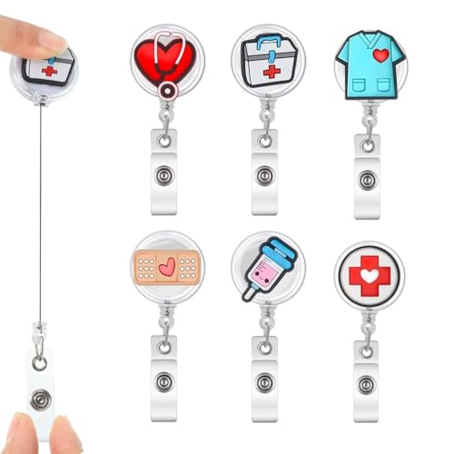 Fransande-Nurse Badge Reels, 6PCS Medical ID Badge Holder Retractable Nursing ID Badge Reels Cute Lanyard Clip for Nurses Doctor Medical Studen Work Gifts