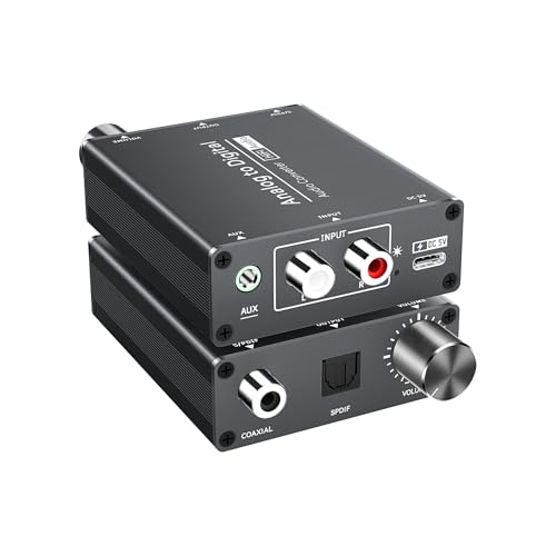 Analog to Digital Audio Converter RCA to Optical with 3.5mm AUX Jack Toslink and Coaxial Adapter with Adjustable Volume