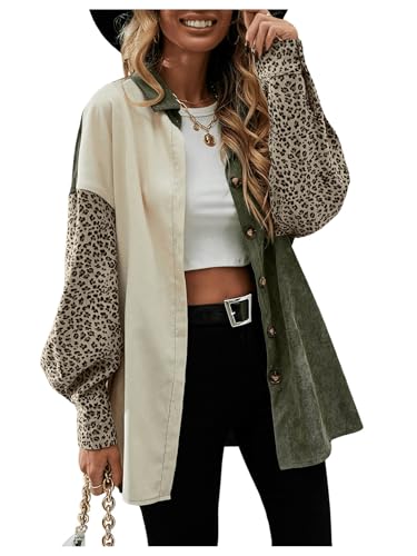 SHENHE Women's Leopard Cheetah Jacket Y2K Oversized Flannel Long Sleeve