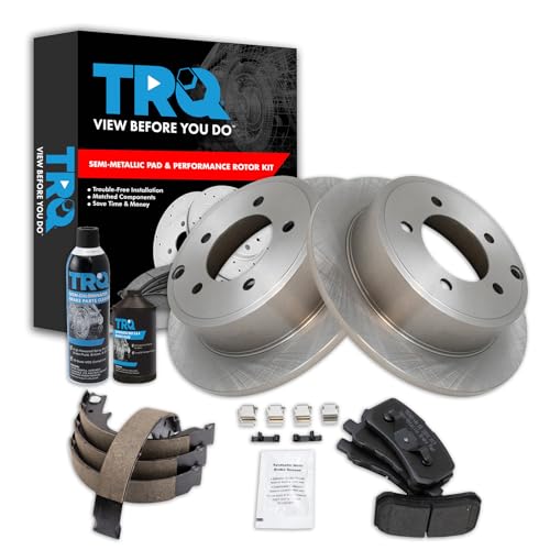 Image of TRQ Rear Brake Pad & Rotor Kit, with Chemical Kit Parking Brake Shoe Set Semi-Metallic Compatible with 2009-2014 Mitsubishi Lancer