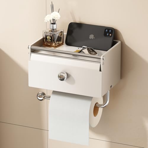 Image of Voldra Toilet Roll Holder Wall Mounted, Stick on Toilet Paper Holder with Shelf No Drill Bathroom Loo Roll Holder Storage Self Adhesive Tissue Holder Toilet Roll Rack Front flip Design (Matte White)