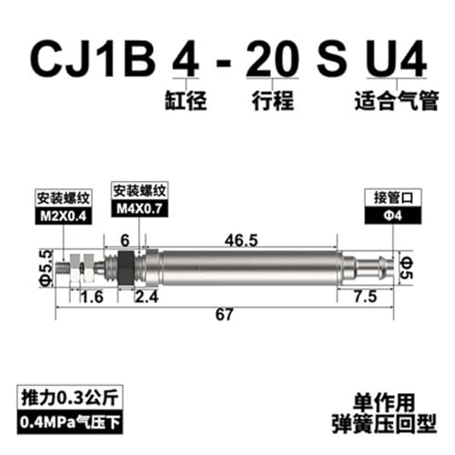 Cilindro neumático de acción simple CJ1B tipo aguja con diámetro de 4mm y carrera de 10mm 2