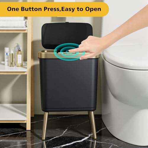 Image of Bathroom Trash Can 4 Gallon, Dog Proof Trash Bin with Press Top Lid, Black Office Waste Basket with Gold Edge, Tall Narrow Garbage Cans for Kitchen, Toilet, Living Room, Bedroom