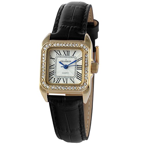 Peugeot Women's 14K Gold-Plated Tank Crystal Bezel Roman Numeral Black Leather Band Watch 3052BK