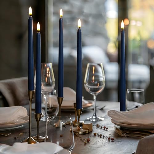 Image of Navy Blue Flameless Taper Candles with Remote Timer, Flickering Battery LED Candlesticks Set of 4