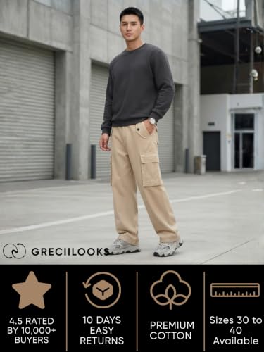 Image of GRECIILOOKS Men's Cargo Pants | 6 Pocket Cotton Cargo Joggers for Men | Loose Fit Stylish Pant with Pockets | Casual Baggy Trousers & Streetwear Lower