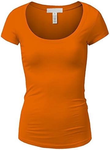 Active Basic Womens Plain Basic Deep Scoop Neck with Cap Short Sleeves - Orange - Small