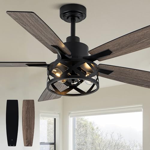 Image of 52 Inch Farmhouse Ceiling Fan with Lights Remote Enclosed Caged Fandelier Ceiling Fan Black Rustic Chandelier, 5 Dual Blades, Reversible Quiet DC Motor 6 Wind Speeds Timer for Bedroom Patio