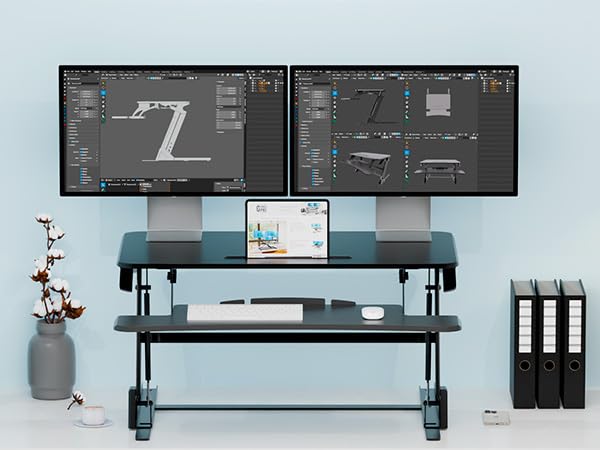 Image of Electric Height Adjustable Desk Converter - Standing Desk for Sit Stand Workstation with Removable Keyboard Tray and Space for Dual Monitors - Ergonomic Design for Maximum Productivity