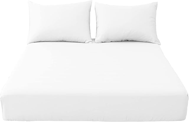 POSH WAVE 3 Piece Easy-care 1 Fitted Sheet 40CM/16 Extra Deep with Elasticated Corners and 2 Matching Housewife Pillowcase (WHITE, 4FT / SMALL DOUBLE)