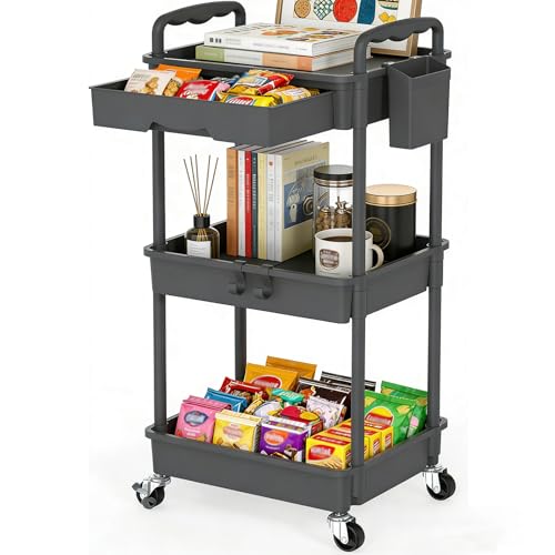 Image of SUNALLY Rolling Cart with Drawers, 3-Tier Utility Cart Storage Organizer with Lockable Wheels, Storage Cart for Kitchen, Bathroom, School, Studio, Office, Bedroom, Jet